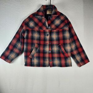 Maurices Red Black Plaid Wool Blend Coat Women Small Button Front Fall Jacket